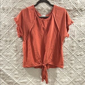 Umgee Terracotta Fringe Sleeve Tie-Front Tee